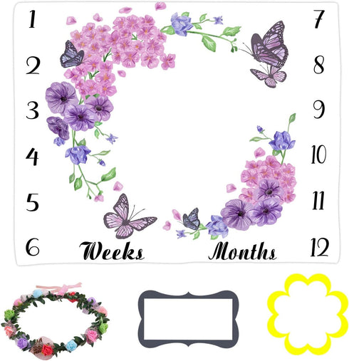 Baby Age Blanket Purple Floral Butterfly Baby Monthly Milestone Blanket Newborn Photo Baby Memory Blanket for Girls 48x40 Inch Baby Growth Chart Swaddling Blanket BTLSLY635 by LYLYCTY