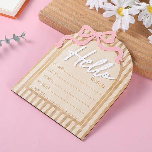 QFGasre 6.9 Inch 3D Wooden Hello Worlds Newborn Signs Baby Announcement Sign Pink Bows Birth Announcement Sign