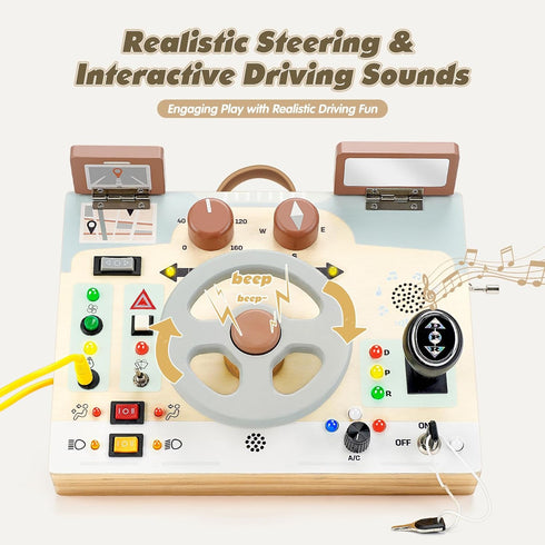1+ Joyreal Toddler Busy Board with LED Lights, Steering Wheel, Sounds, Montessori Toys for Year Old, Fidget Board