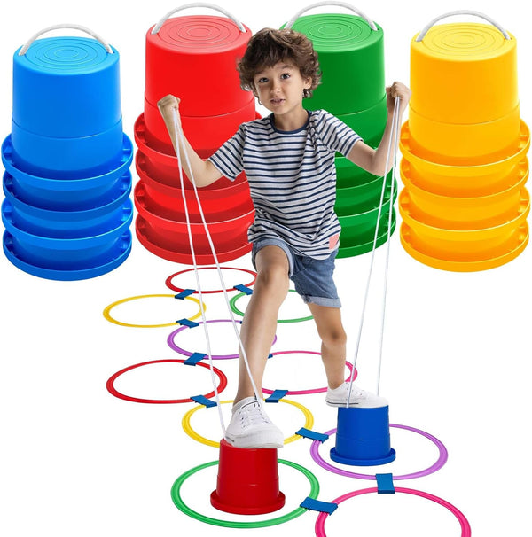 8 Pairs Kids Balancing Stilts Toys with Hopscotch Ring Game, 10 Multi-Colored Plastic Rings and 10 Connectors for