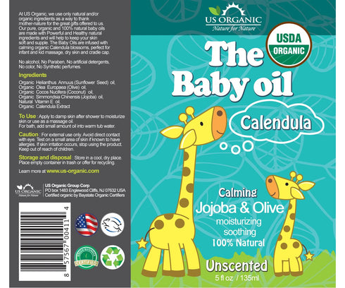 5 Oz US Organic Baby Oil with Calendula, Jojoba, and Olive Oil with Vitamin E, USDA Certified Organic, No Alcohol