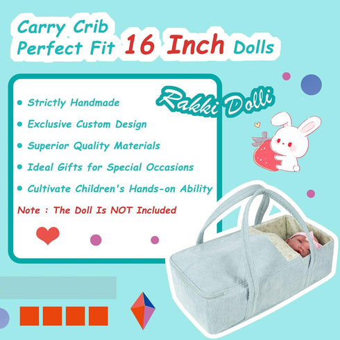 Set 7 Set, 16-18 Inch Rakki Dolli Doll Carrier Doll Carry Cot Carry Crib with Feeding Utensils Feeding & Changing