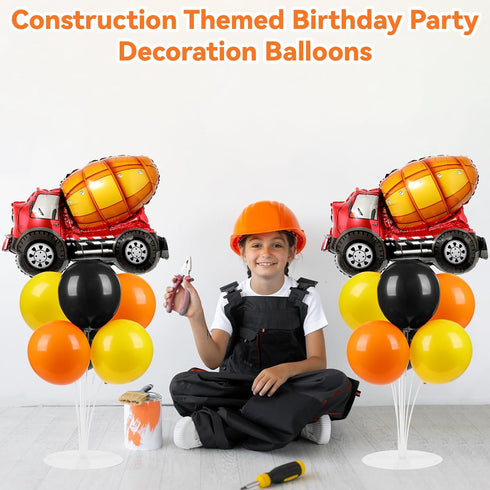 2 Sets 2 Construction Party Balloons Stand Kit with Construction Truck Foil Balloons Black Orange Yellow Party Balloon