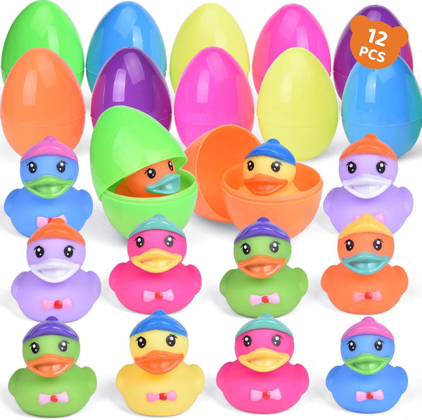 12 PCS Prefilled Easter Eggs with Rubber Duck Toys, Easter Basket Stuffers,