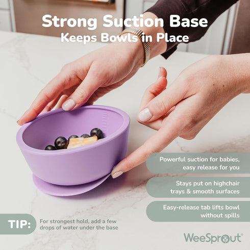 (Set 2) 100% WeeSprout Suction Bowls for Baby & Toddlers of - Silicone w/Plastic Lid - Leak Proof Feeding Supplies