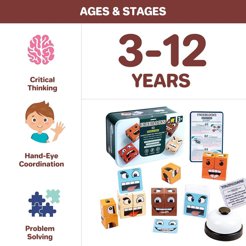 Face Change Cube Game, Wooden Face Changing Magic Cube Game with Bell, Mini Expression Puzzle Building Blocks for Kids.