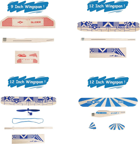 PLAYSTEM 4 Pack Set Balsa Wood Airplane Kit - Model Gliders & Rubber Band Powered Planes | Outdoor Toy for Kids | STEM