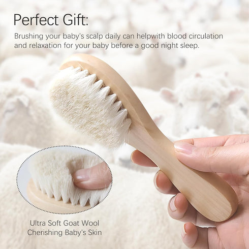 Jaasuee Baby Bath Grooming Kit Natural Wooden Hairbrush with Gentle Goat Bristles, Pear Wood Comb, and Soothing Massage