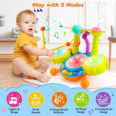 Kids Drum Set for Toddlers 1-3, Musical Baby Toys for 1 Year Old Boy, Learning Toys with Microphone and Light
