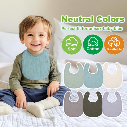 RAINFLOW 6 Set PCS Muslin Baby Drool Bibs - Adjustable Baby Boy Bib,Drool Bibs for Unisex Boys and Girls,Muslin Soft