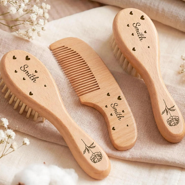PLOVEGIFT Personalized Wooden Baby Brush And Comb Set Wth Soft Goat Bristles, Toddler