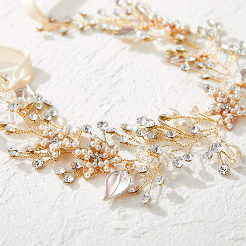 SWEETV Gold Flower Girl Headband for Wedding, Baby Girl Pearl Hair Piece, Birthday Party Photography