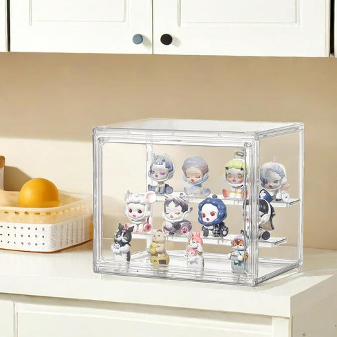 Case,2 Pack 3 2 Clear Acrylic Display Tier Adjustable Display Box Stand with Movable Plates, Small Showcase Magnetic