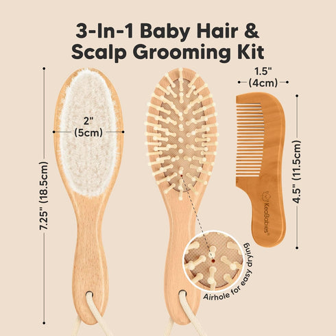 Set Set KeaBabies Wooden Baby Hair Brush for Newborns, Toddlers - Soft Goat Bristle Baby Brush and Comb Newborn