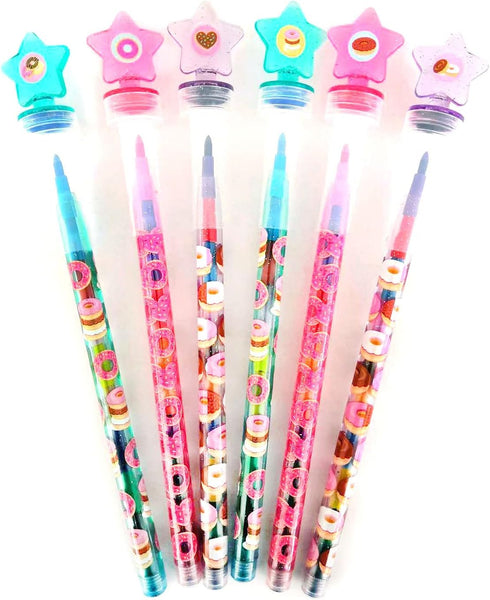 24 2 1 TINYMILLS Pcs Donuts in Stackable Stacking Crayon with Extra Stamper Topper, Kids Party Favors, Goodie Bag