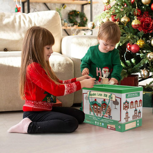 Wondertoys 208 Pcs Classic Wooden Log Set, Real Wood Building Logs for Ages 3+, Retro Gift Set for Boys