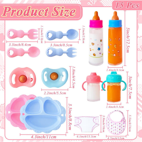 15 Set,Doll Set Package,Pretend Pcs Baby Doll Accessories Magic Bottle Feeding with Play Feeding Toys