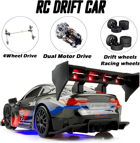 2.4GHz 1:24 4WD 25KM+/H HTURCCOP RC Drift Car Scale High Speed Model Vehicle with LED Lights Drifting Tire Racing Sport