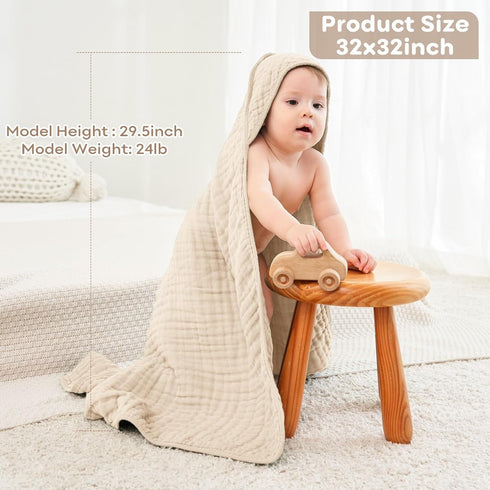 100% 32x32Inch, Baby Bath Towels, Muslin Cotton Hooded Baby Towels for Newborn, Baby Towels with Hood for Infant