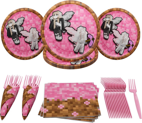 Pixel Girl Value Party Supplies (64 pieces for 20 Guests), Video Game Birthday Decorations for Girls
