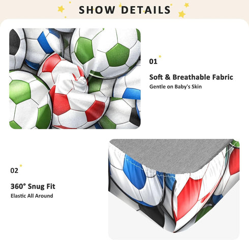 CZXW 52" 28" Colorful Soccer Balls Crib Sheets Fitted x Natural Cotton Soft & Breathable for Baby Crib Mattress