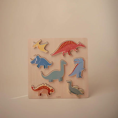 mushie Wooden Dino Puzzle - 7 pcs for Kids 3 Years+, Preschool Educational & Toddler Montessori Toys
