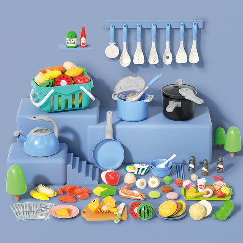 Funpynani 130Pcs Playset, Kitchen Toddler Pretend Cooking Play Pots, Pans, Utensils Cookware, Daily Food Fruit Veges
