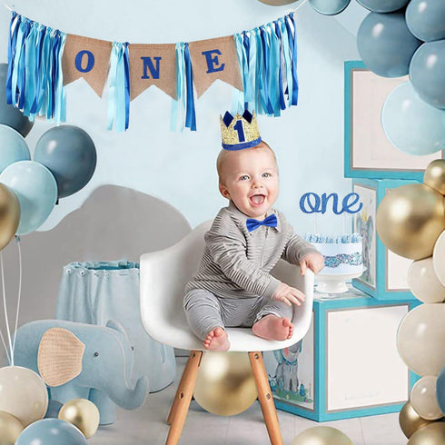 Burlap Baby Boy's 1st Birthday Decoration - Handmade Crown, High Chair Banner, Cake Topper, Tie