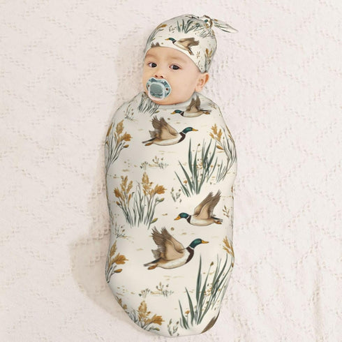 Sets Vintage Mallard Ducks Flying Newborn Swaddle Blankets Hat Soft Baby Receiving Blanket Swaddle Sack for Baby Shower