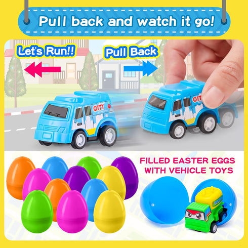 MGparty 12 Pack Prefilled Easter Eggs with Car Toys for Kids Toddlers Bulk Plastic Eggs Pull Back City Truck Vehicles
