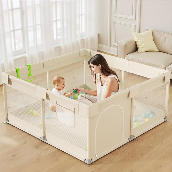 Uanlauo Beige Small Baby Playpen - 47x47in Playpen for Babies and Toddlers,