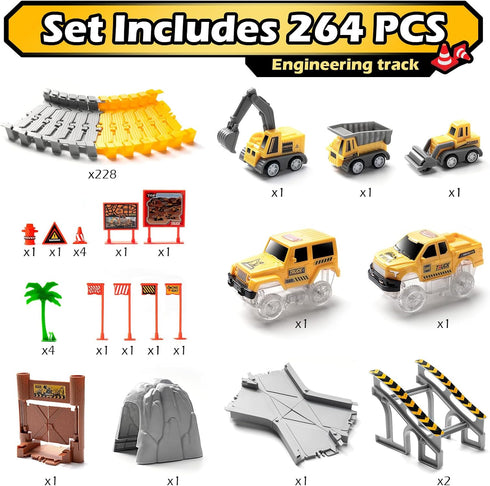 264 PCS Construction Race Tracks for Kids Toys, Glow in The Dark Magic Toy Set with 2 Light Up Cars