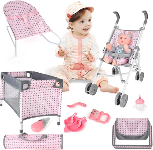 Set deAO Baby Doll Stroller Crib Bed Nursery Role Play Baby Doll with Accessories and Play Mat,Travel