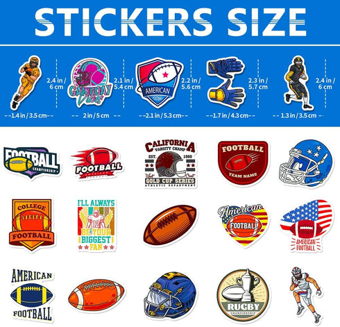 50 Pcs Stickers for Football, Colorful Aesthetic Vinyl/PVC Waterproof Rugby Decals for Water Bottle, Laptop, Skateboard