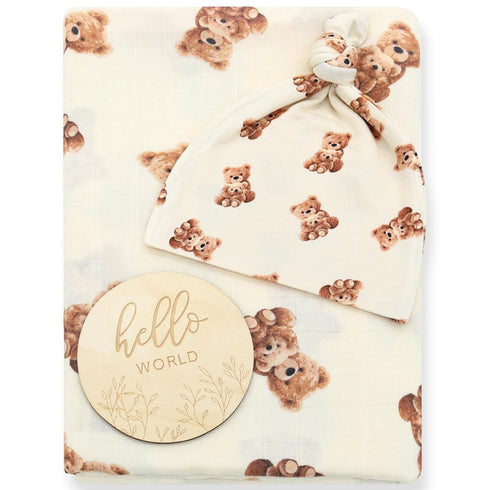 Set LifeTree Muslin Swaddle Blankets, Muslin Baby Swaddle Blanket and Hat with Birth Announcement Card, Newborn Unisex