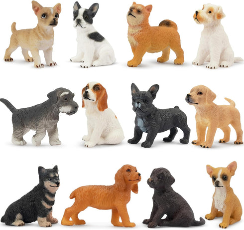Toymany 12PCS Mini Dog Figurines Toy Set, Realistic Detailed Plastic Puppy Figures, Cake Toppers Gift