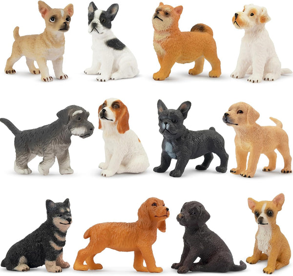Toymany 12PCS Mini Dog Figurines Toy Set, Realistic Detailed Plastic Puppy Figures, Cake Toppers Gift