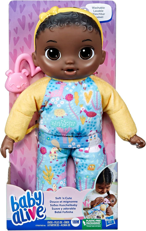 11-Inch 18 Baby Alive Soft n Cute Doll, Black Hair, First Baby Dolls, Washable Soft Toys for Toddlers, Easter Gifts