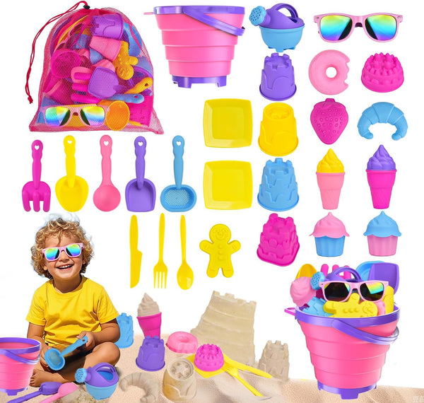 Fegalop 31PCS Beach Toys Set for Girls Kids, Collapsible Sand Bucket and Shovels