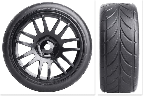 Preglued 1/10 On Road Wheels and Tires, 12mm Hex Rubber Flat Racing Tires for Traxxas and Tamiya (4PCS)