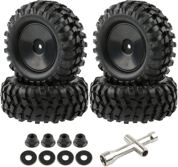 4pcs RC Trailer Tires, 12mm Hex Hard Dish Wheel Rim and Tires with Lock Nuts for 1/10 Rock Crawler