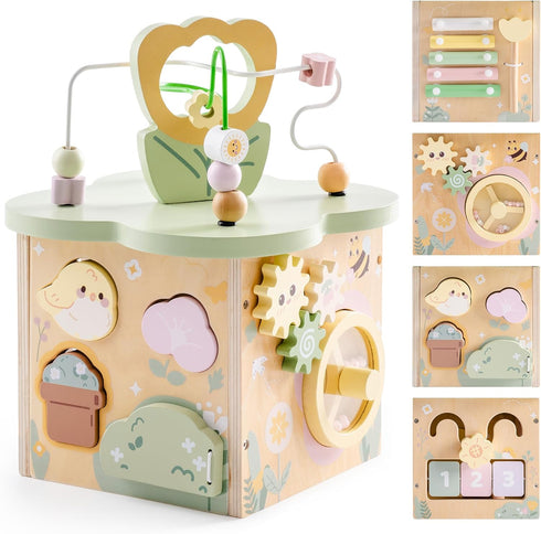 ROBUD Wooden Activity Cube, Educational Wooden Toys with 7 Functional Areas, Montessori