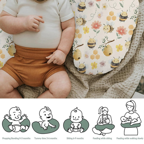 Summer Pastel Bee Floral Baby Nursing Pillow Covers for Boy Girl Vintage Bees Honeycomb Flowers Nursery Pillowcase
