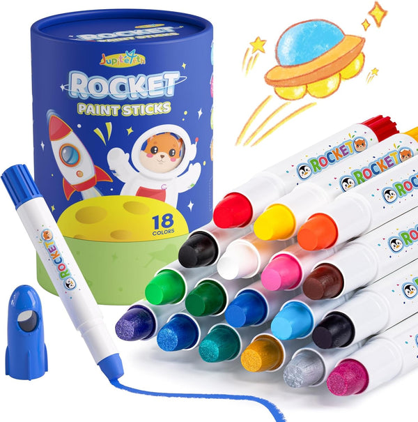 JUPITEARTH 18 Colors Rocket Tempera Paint Sticks with 120 PDF Coloring Pages,