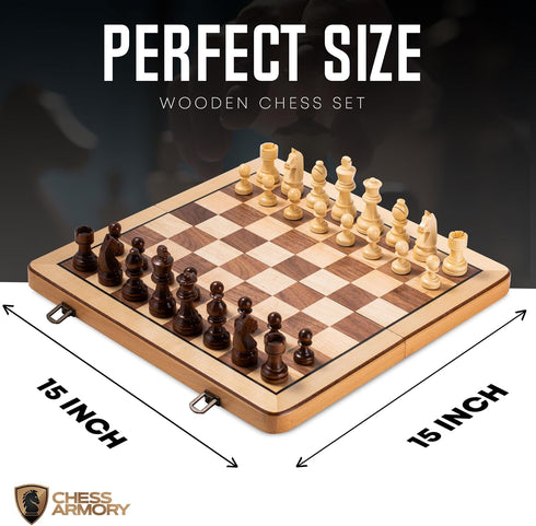 Chess Armory Premium Chess Set - Wooden Board Game with Portable Wood Case, Secure Storage for Kids and Adults (Beech