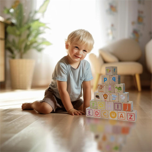 1-3 1.6" Montessori Mama Wooden Blocks for Toddlers - Large Hardwood Stacking Blocks with Letters, Shapes, Colors