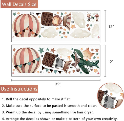 Yovkky Hot Air Balloon Airplane Wall Decals Stickers, Cute Animals Aircraft Lion Fox Raccoon Cloud Stars Neutral