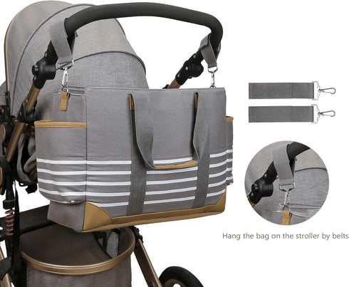 JAMIEKA Large Capacity Durable Canvas Mom Bag Ergonomic Handle Stroller Hook for Traveling Parents and Baby Care