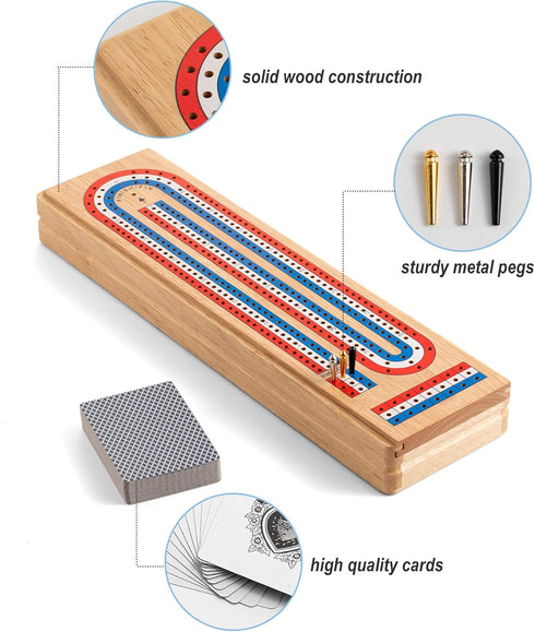 Set 3 9 2 Cribbage Board Game with Large Storage Area, Solid Wood Track Cribbage Board, Metal Pegs, Playing Cards