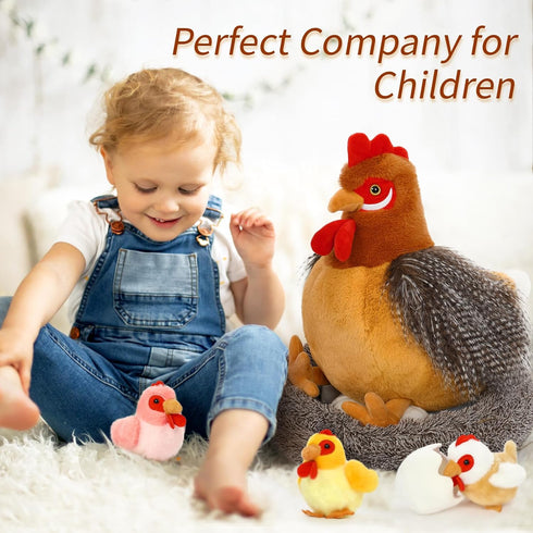 Egg Laying Hen Chicken Stuffed Animal Plush Toys, Stuffed Chicken with Baby Chicks and Coop, Kids Chicken Toys for
